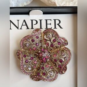 NIB NAPIER Flower Brooch with Pink Rhinestones/Goldtone/ New in Box / Gift